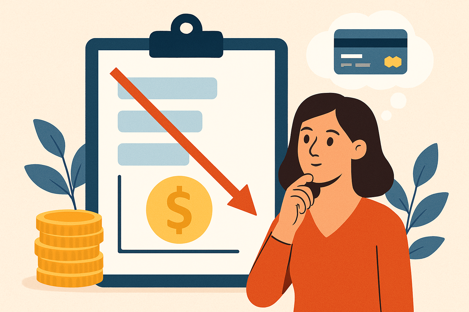 Woman planning to reduce credit card debt, standing by a clipboard with a chart showing declining balances, surrounded by coins and plants.