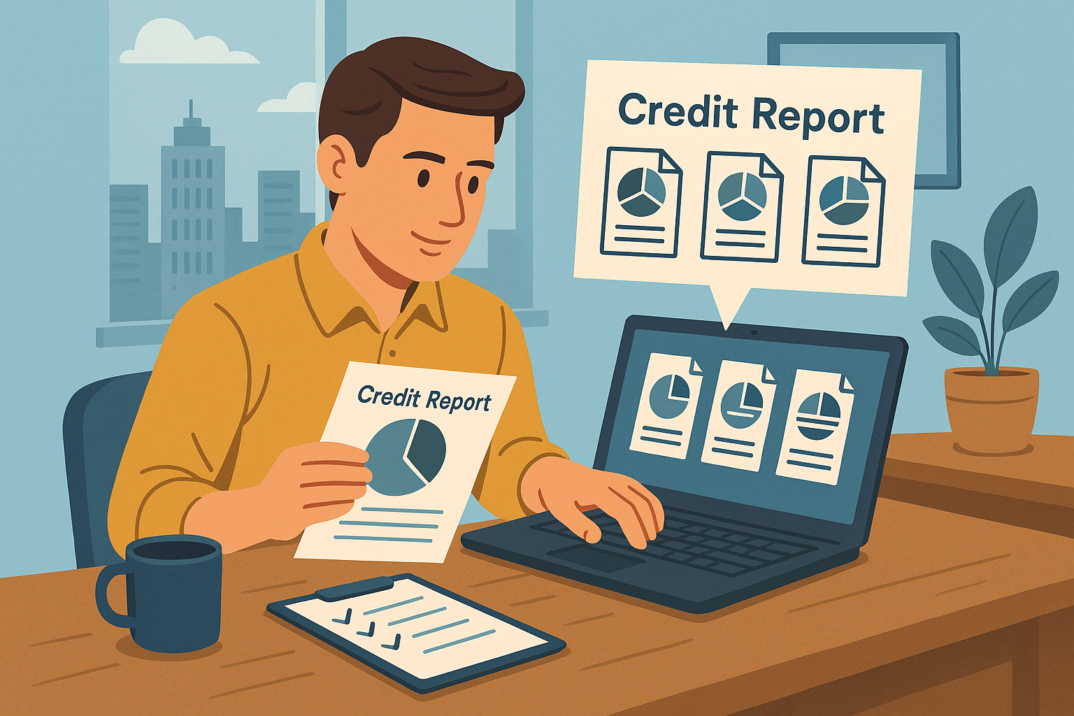 A man reviews his credit card statement at a desk, holding a card and looking focused.