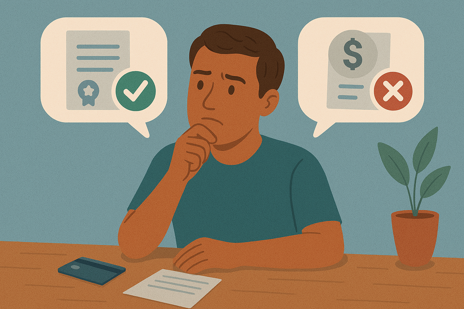 A man sits at a table, thoughtfully looking at two floating documentsโone with a green checkmark and one with a red Xโwhile a credit card and papers lie in front of him
