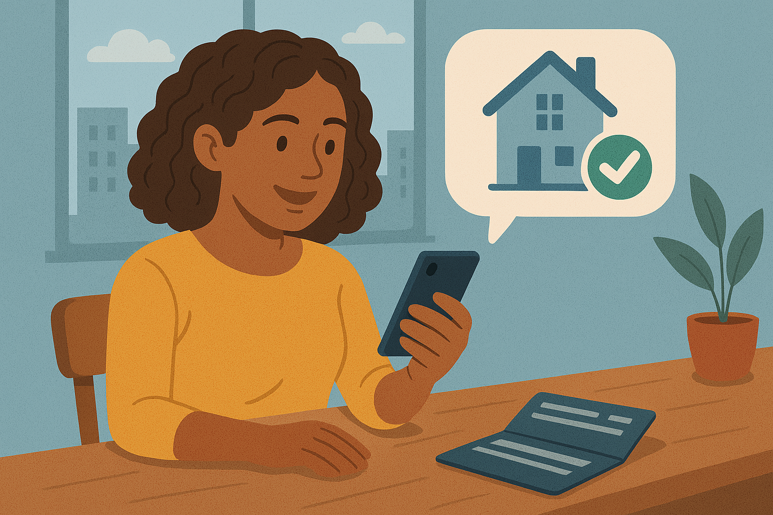 Woman smiles at phone with house and checkmark icon floating above.